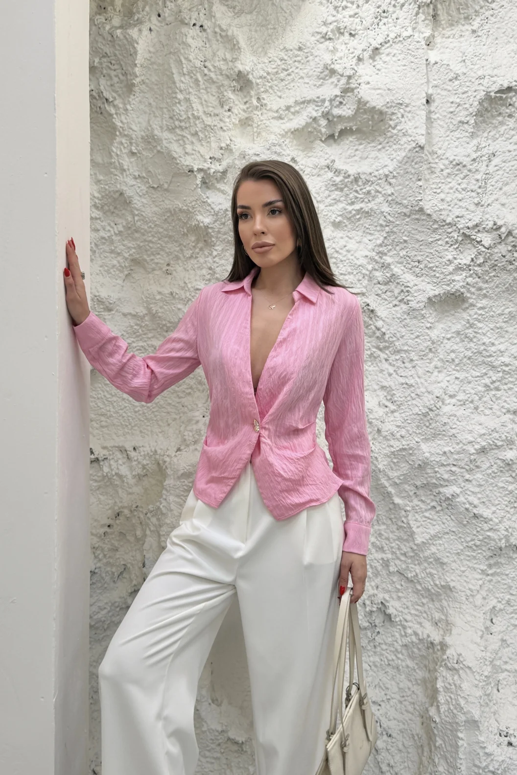 Pembe Gold Düğmeli Pileli Gömlek