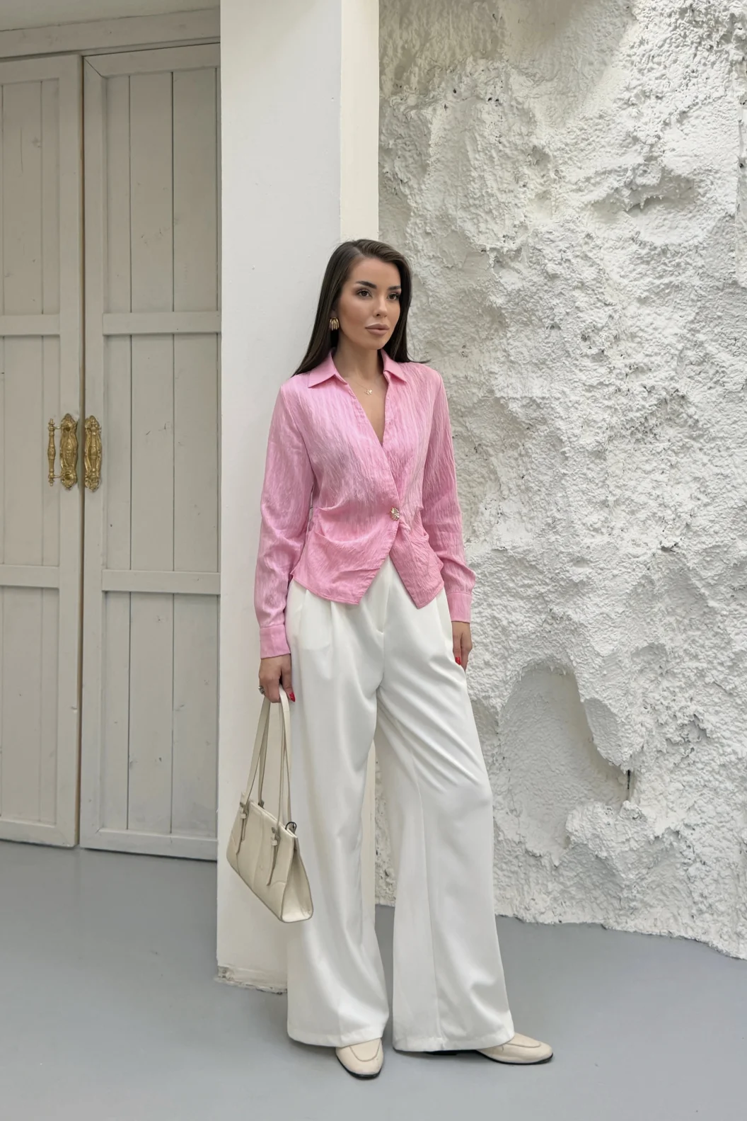 Pembe Gold Düğmeli Pileli Gömlek