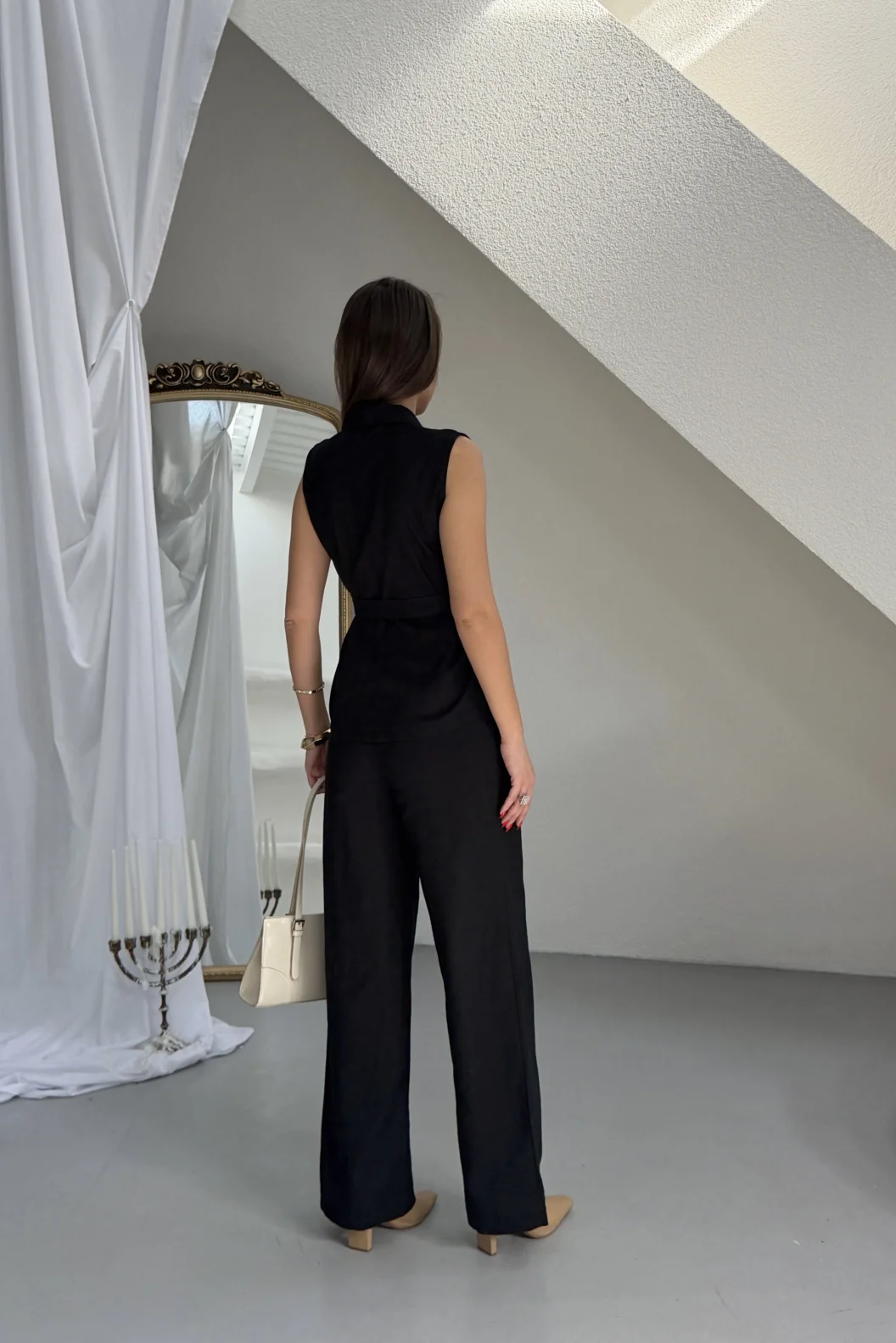 Siyah Keten Gold Tokalı Bağlamalı Yelek Takım