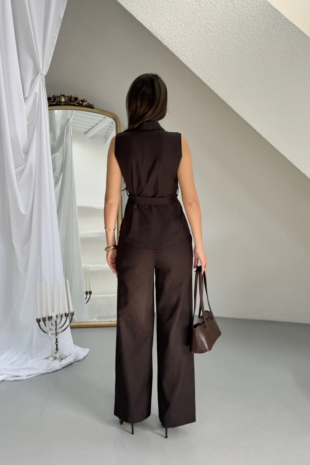 Kahverengi Keten Gold Tokalı Bağlamalı Yelek Takım