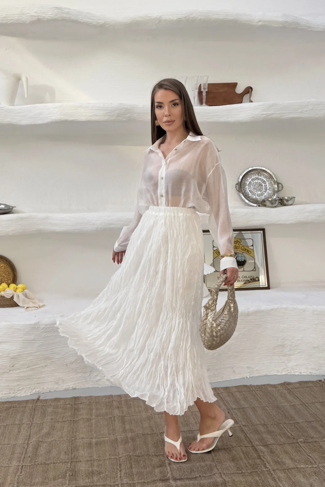 Beyaz Kraşlı Etek Gömlek Takım