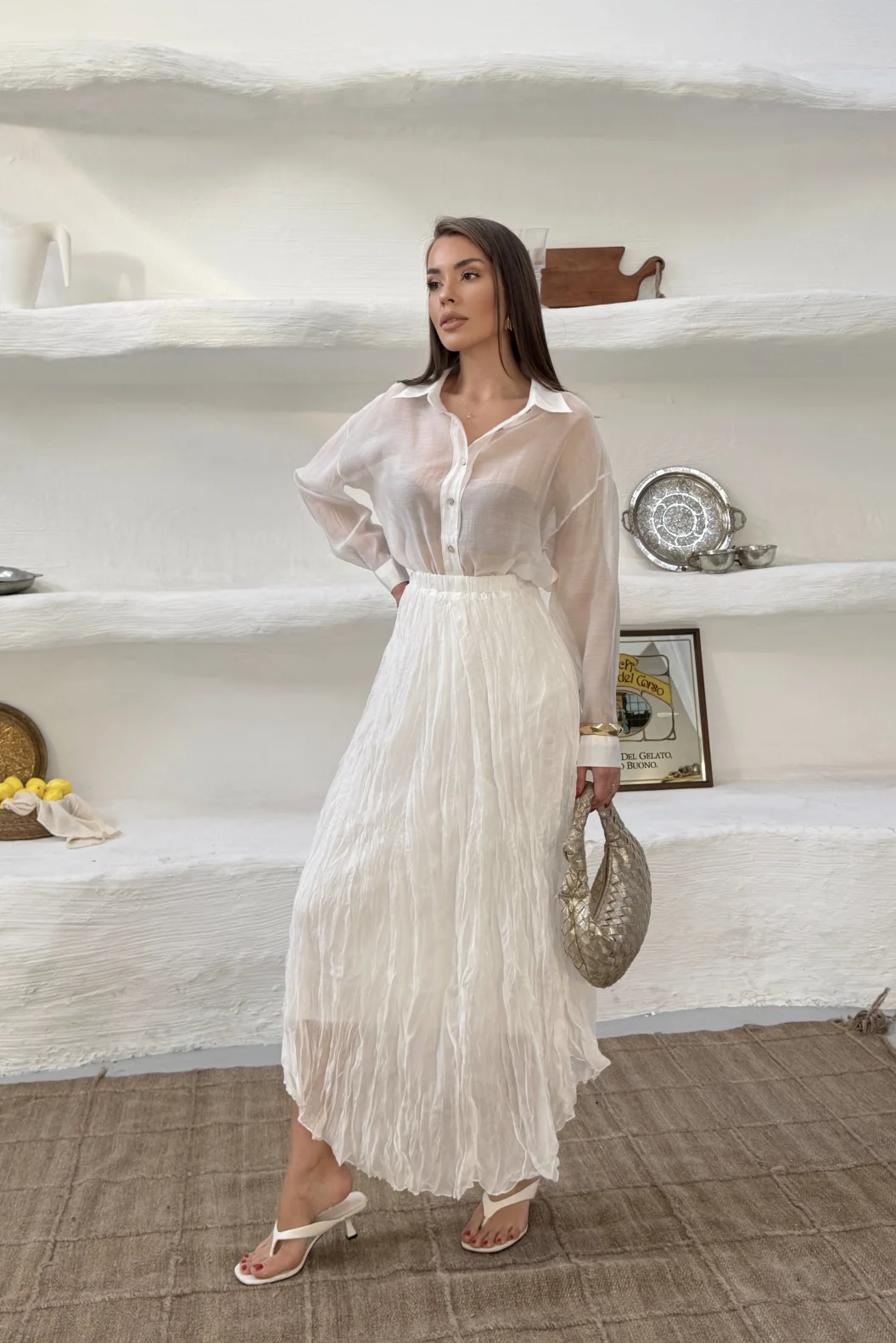 Beyaz Kraşlı Etek Gömlek Takım