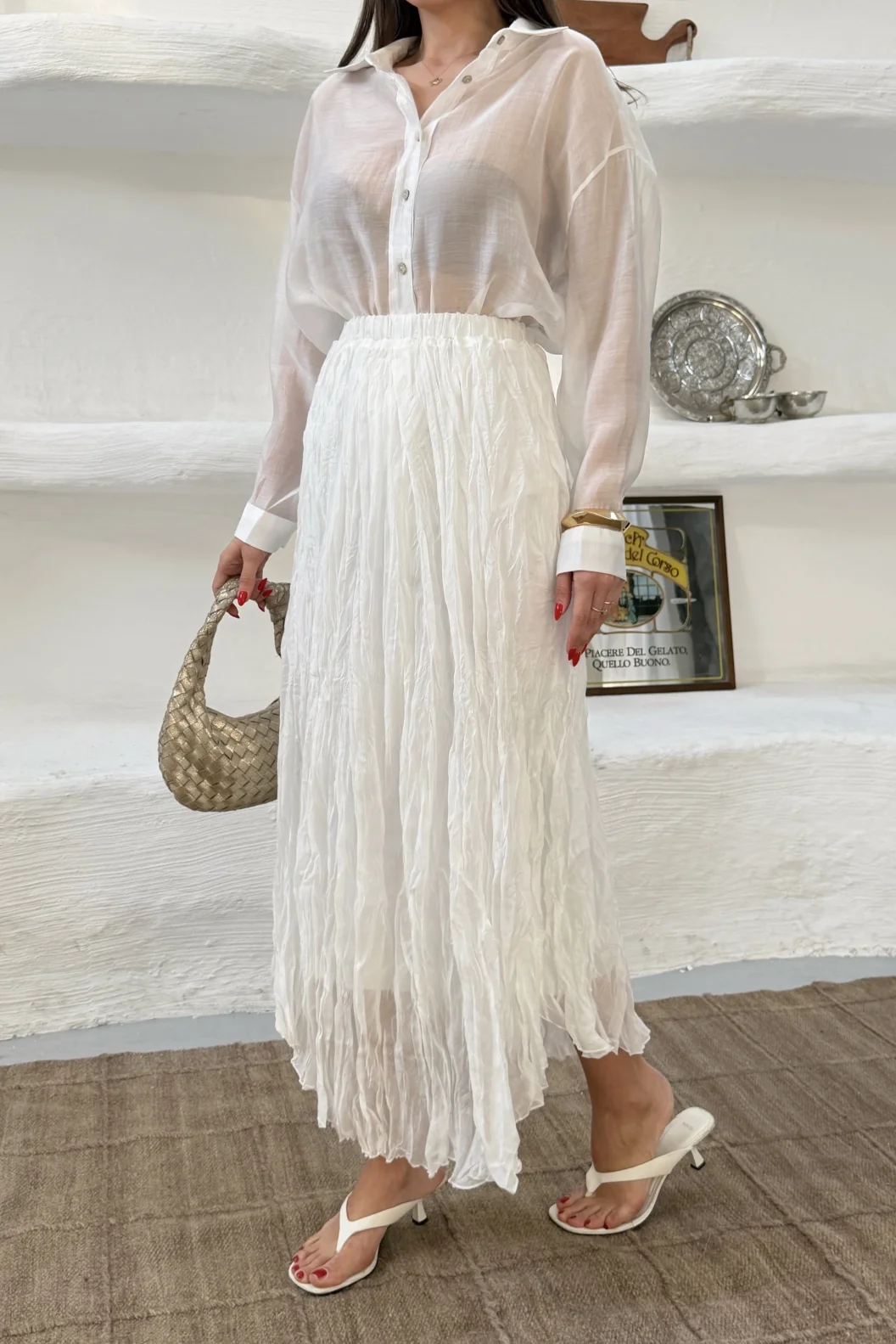 Beyaz Kraşlı Etek Gömlek Takım