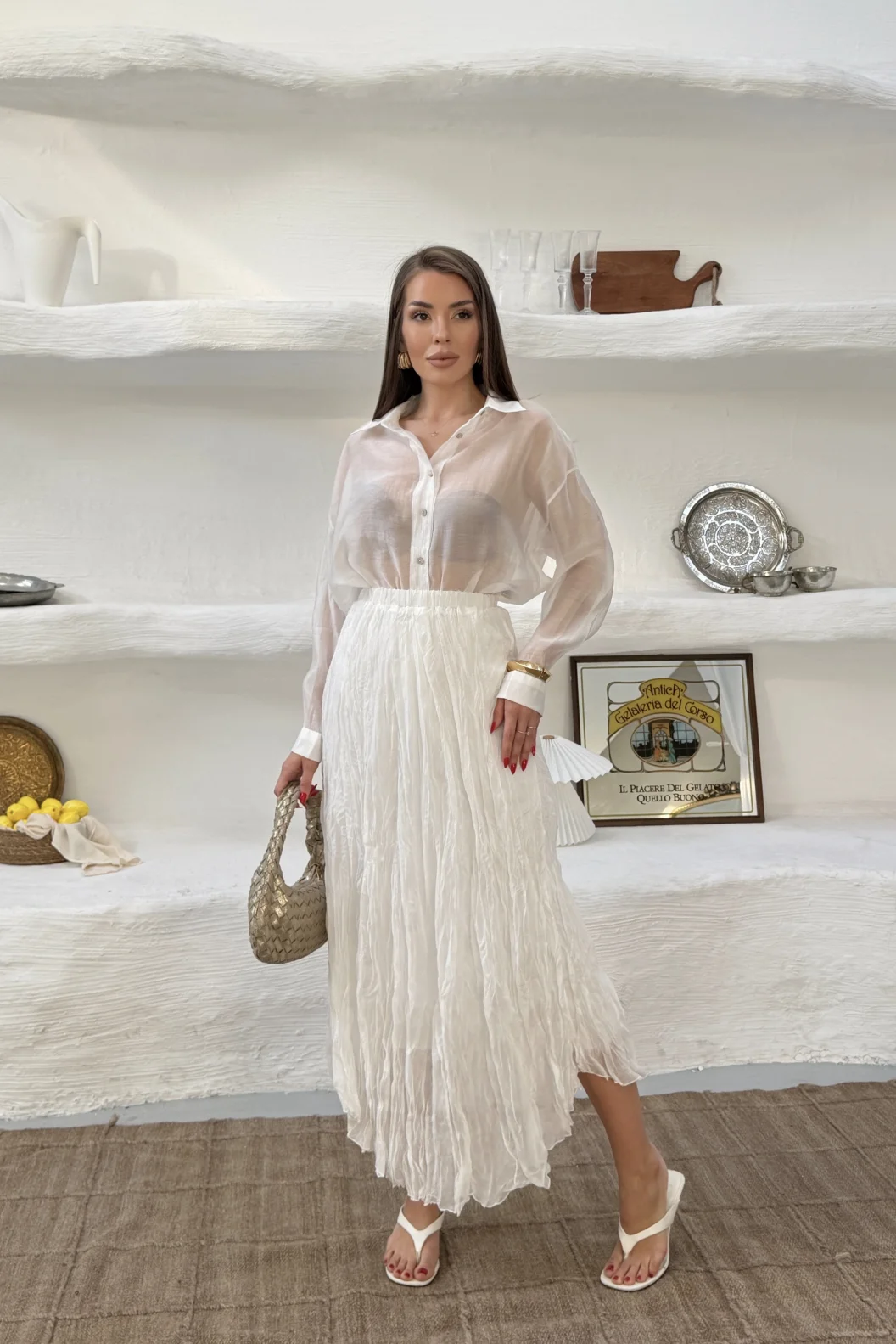 Beyaz Kraşlı Etek Gömlek Takım