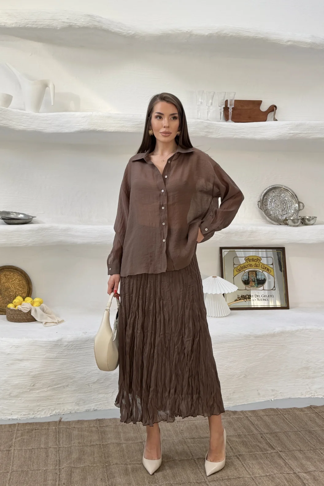 Kahverengi Kraşlı Etek Gömlek Takım
