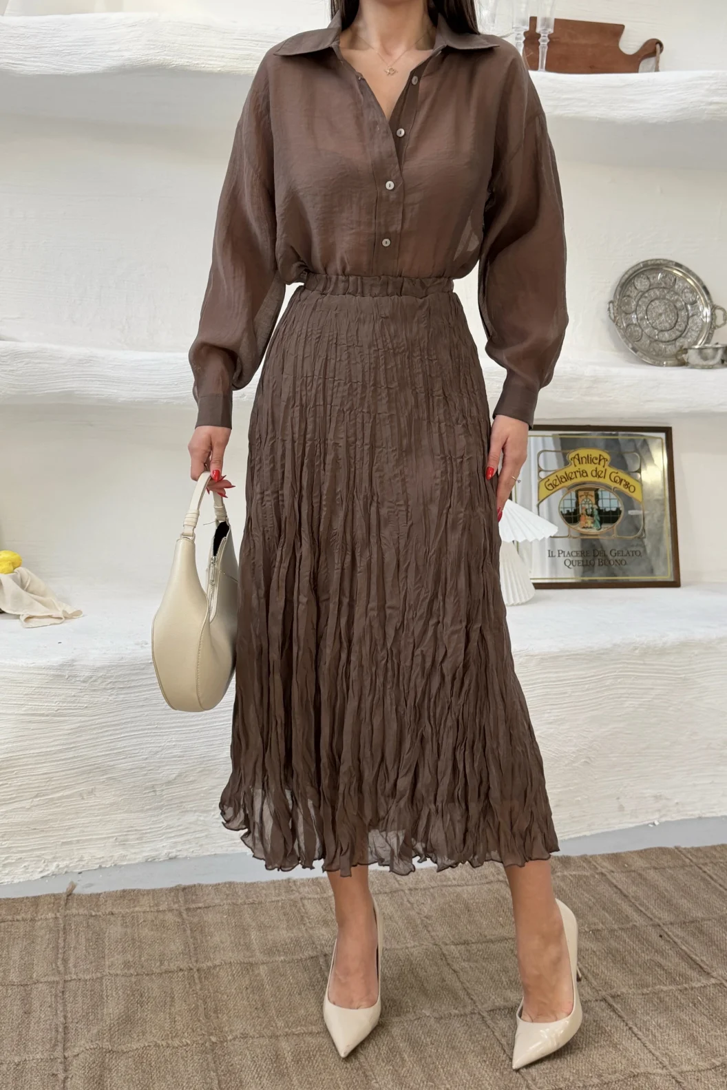 Kahverengi Kraşlı Etek Gömlek Takım