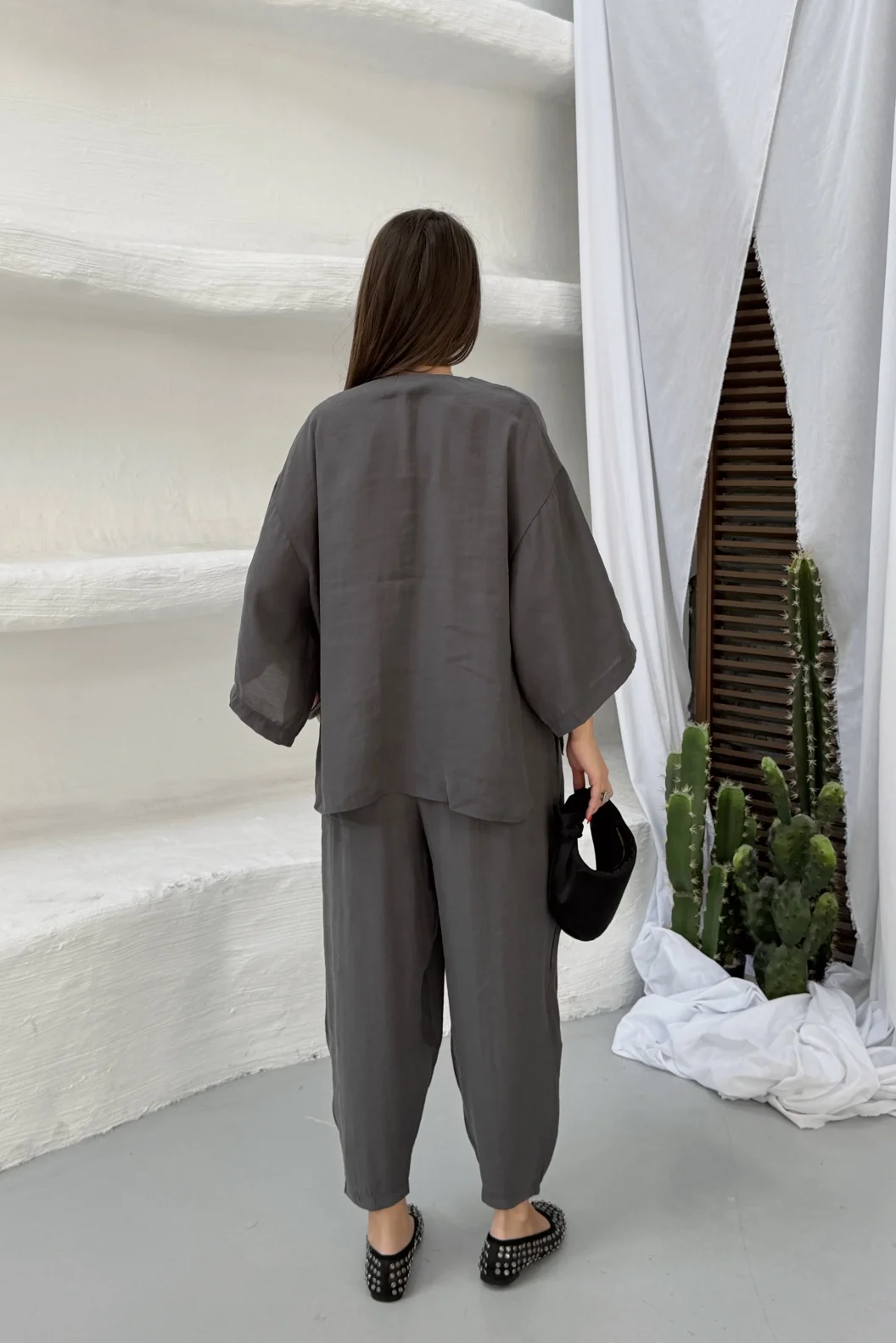 Antrasit Modal Oversize Bluz Pantolon Takım