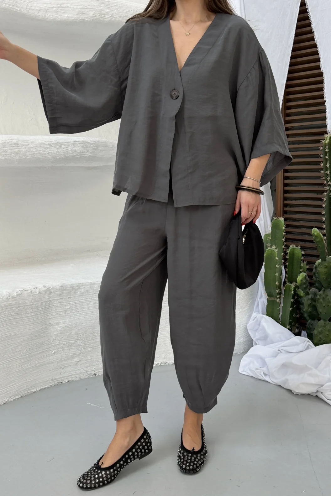 Antrasit Modal Oversize Bluz Pantolon Takım