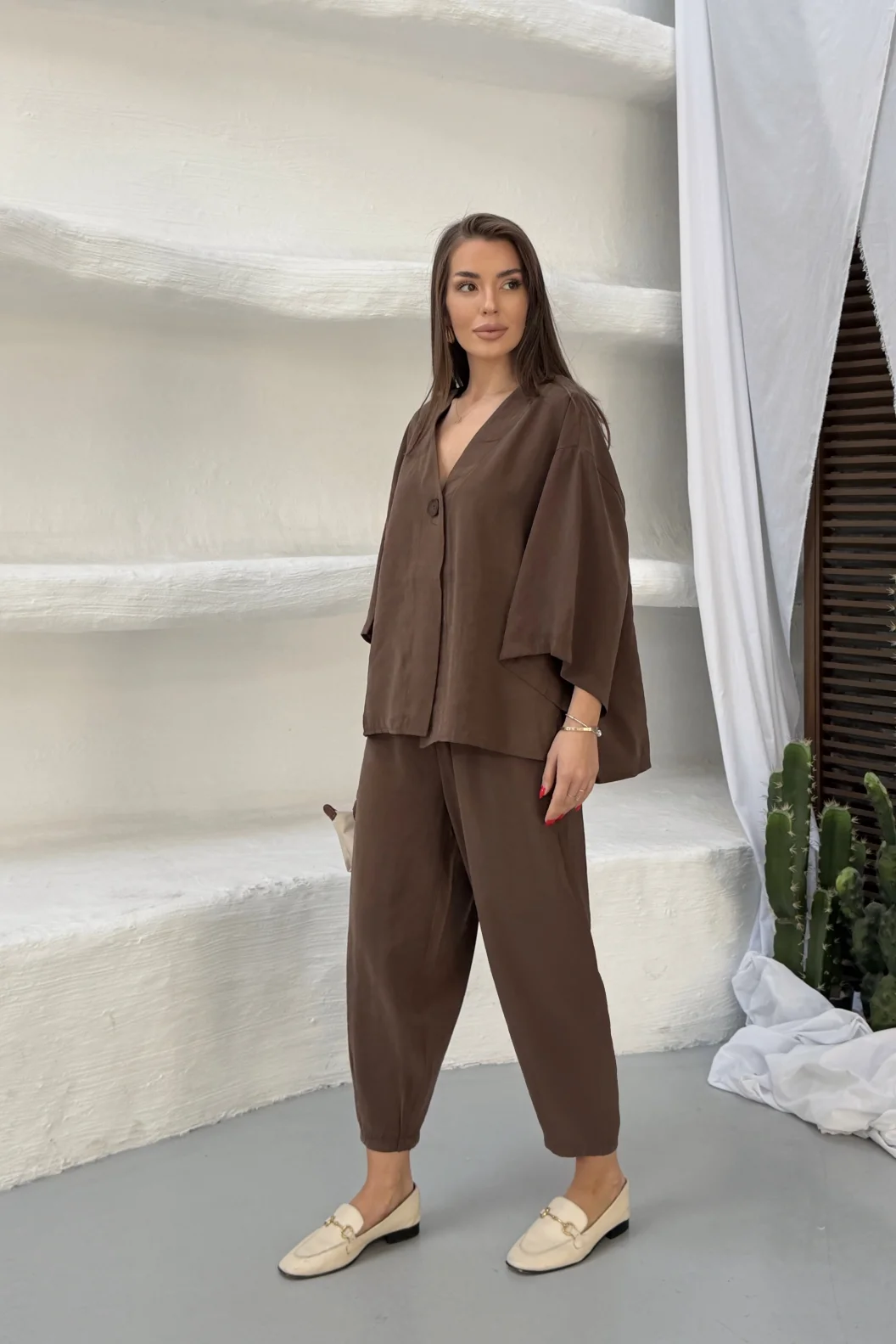 Kahverengi Modal Oversize Bluz Pantolon Takım