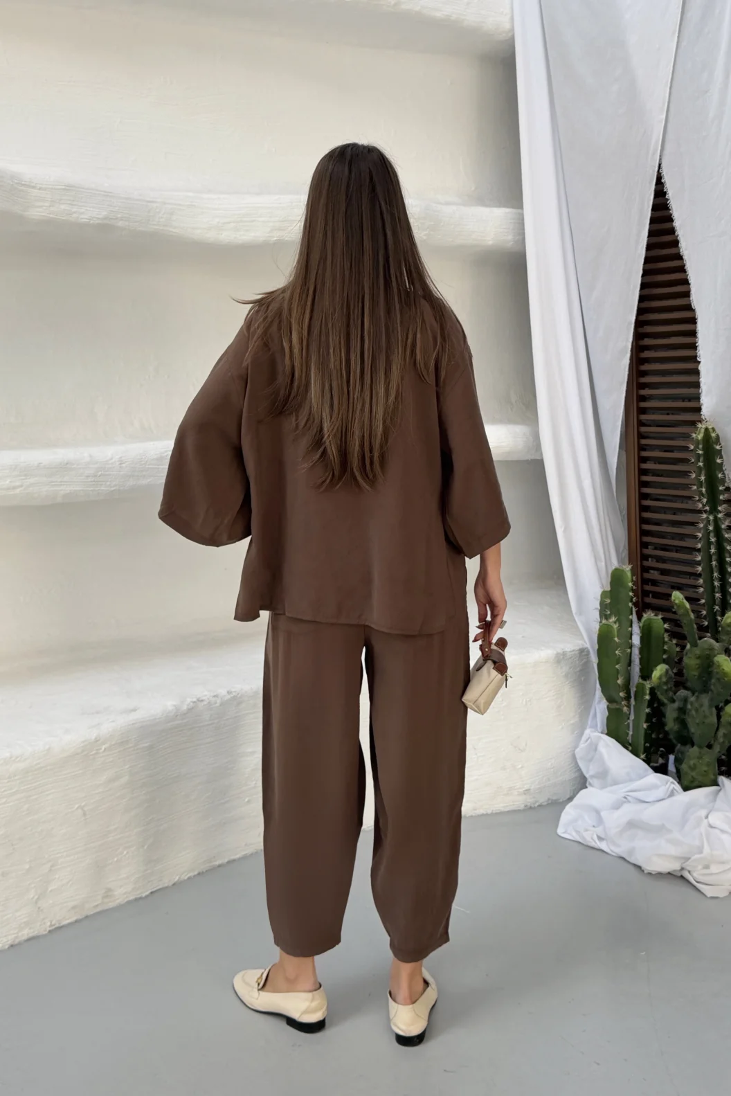 Kahverengi Modal Oversize Bluz Pantolon Takım