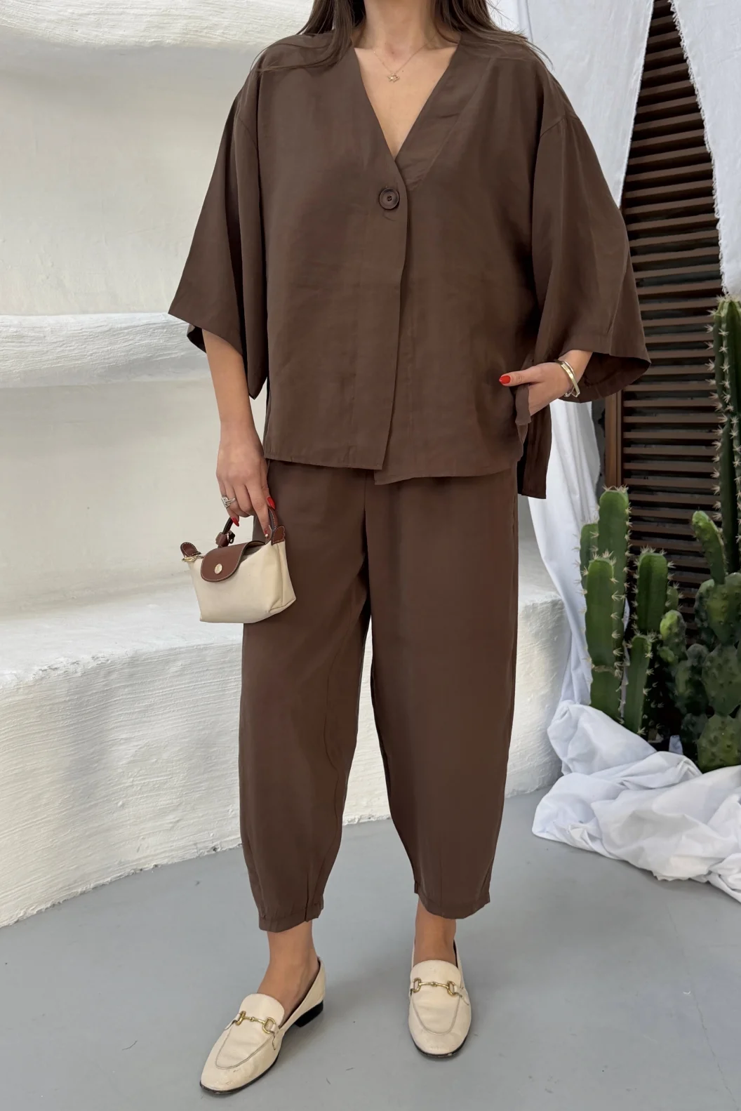 Kahverengi Modal Oversize Bluz Pantolon Takım