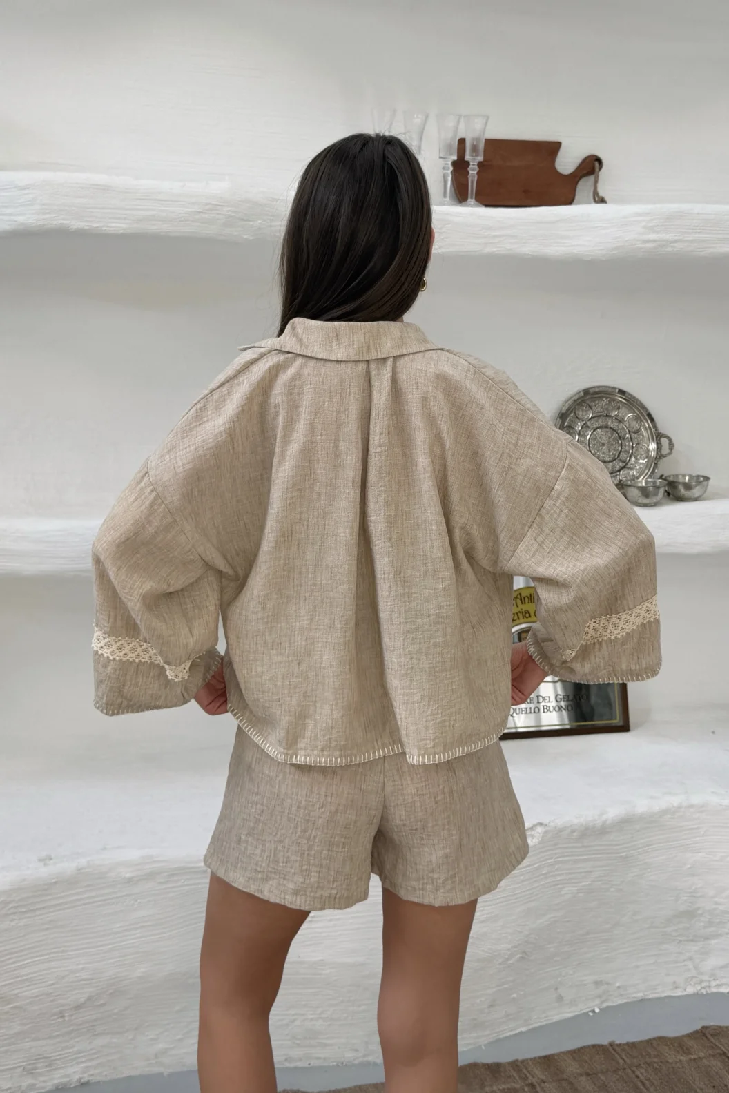 Keten Gömlek Crop Şort Üçlü Takım