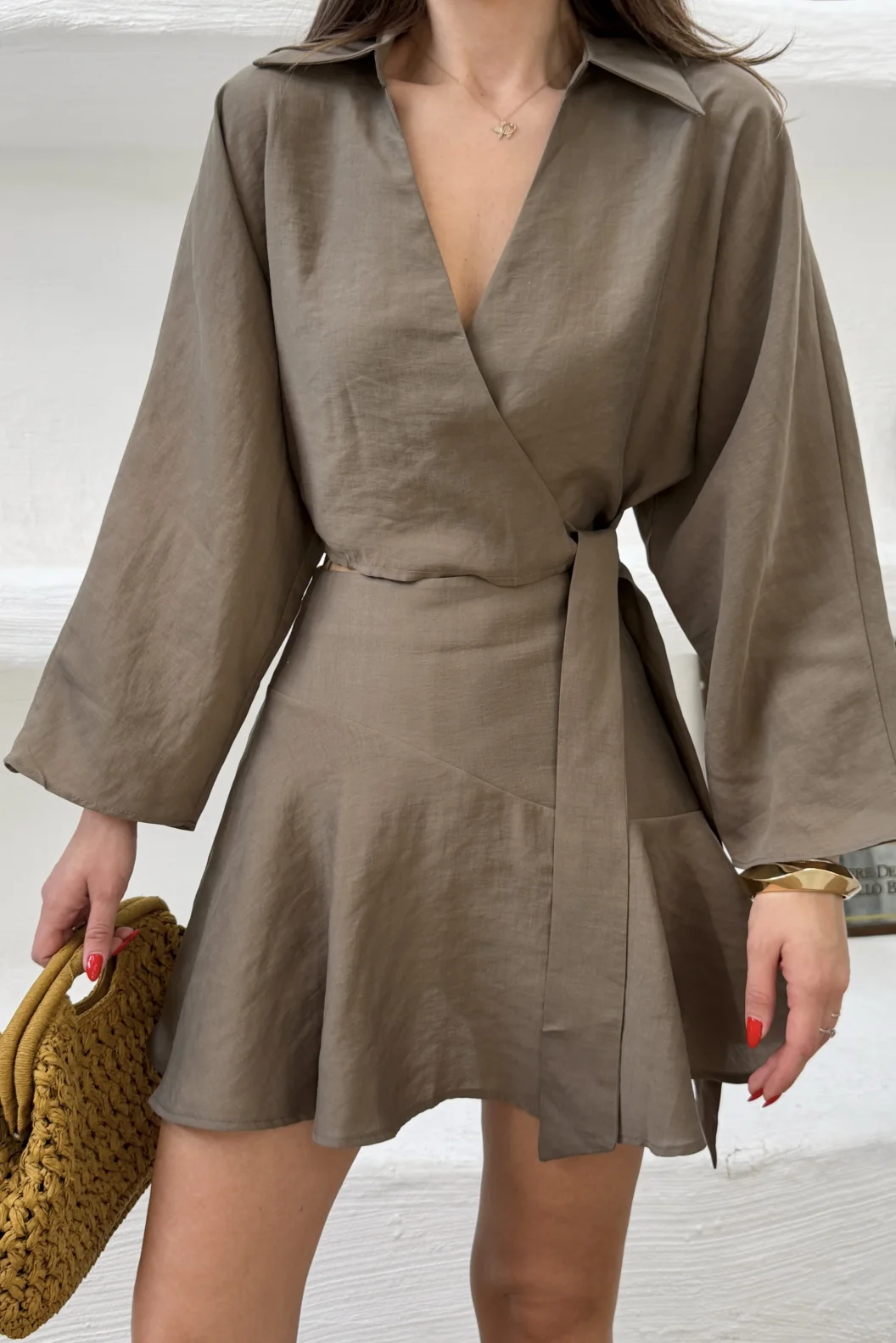 Haki Bağlamalı Şort Bluz Takım