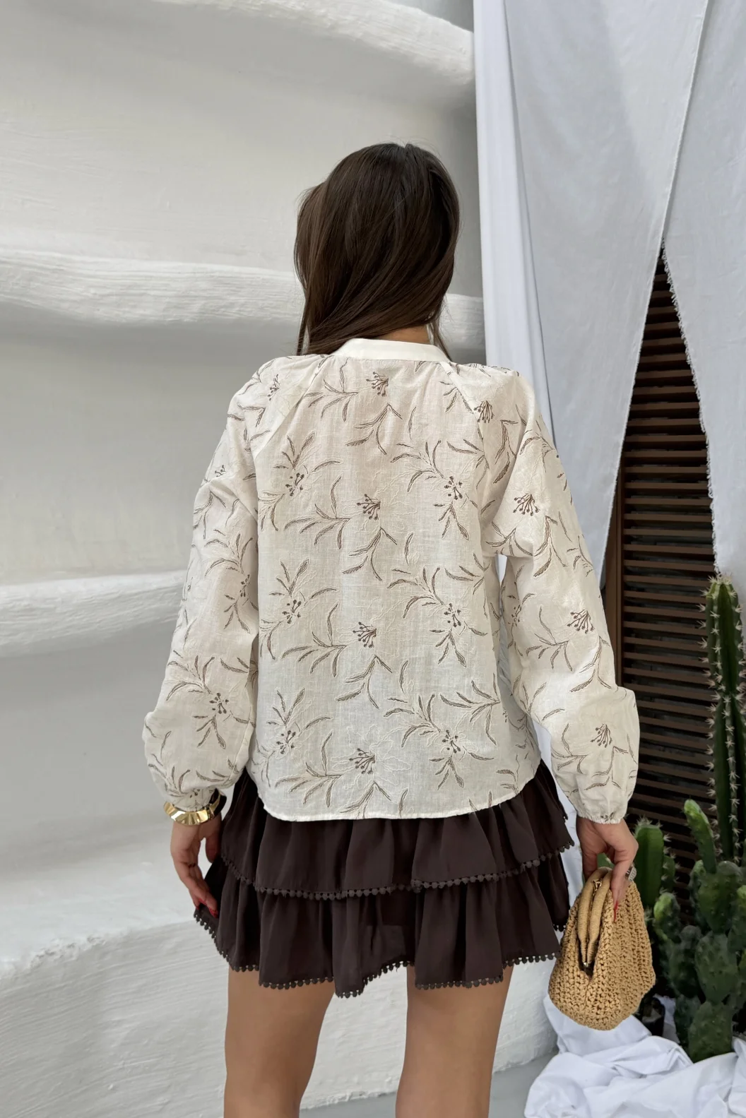 Fırfırlı Etek Hakim Yaka Keten Gömlek Takım