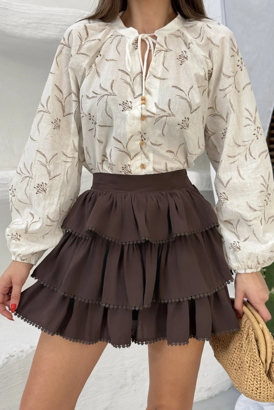 Fırfırlı Etek Hakim Yaka Keten Gömlek Takım