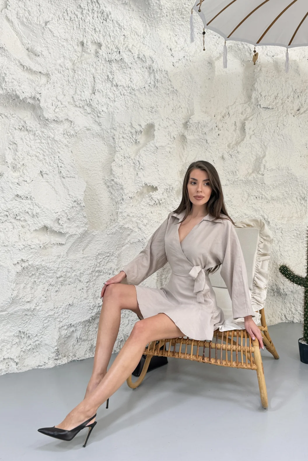 Bej Bağlamalı Şort Bluz Takım