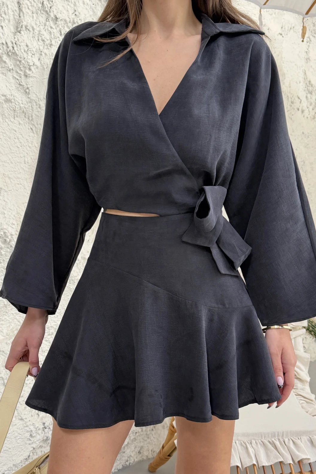 Siyah Bağlamalı Şort Bluz Takım