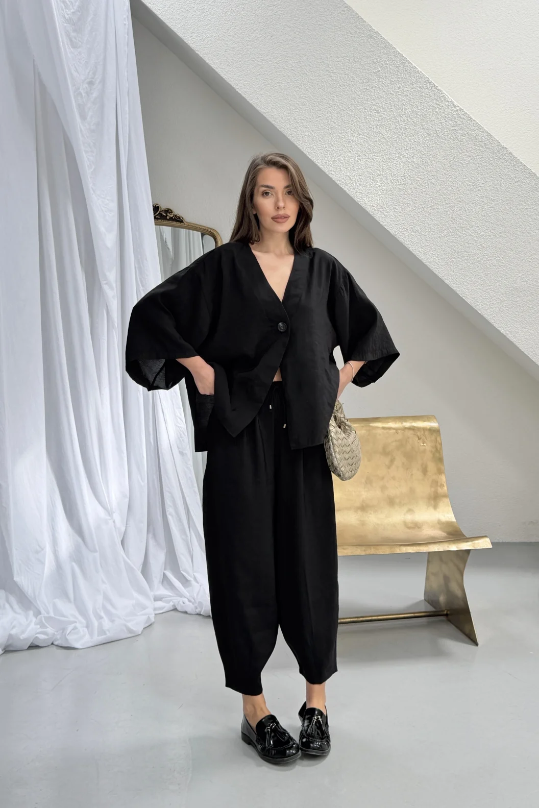 Siyah Modal Oversize Bluz Pantolon Takım