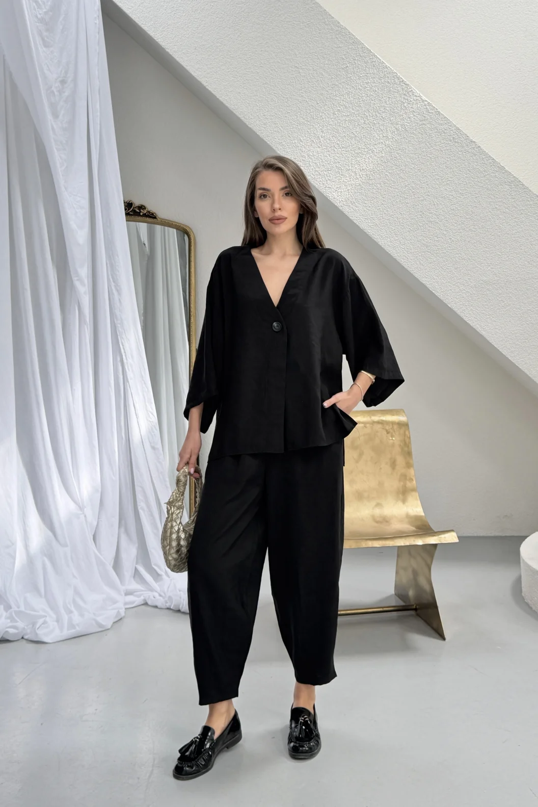 Siyah Modal Oversize Bluz Pantolon Takım