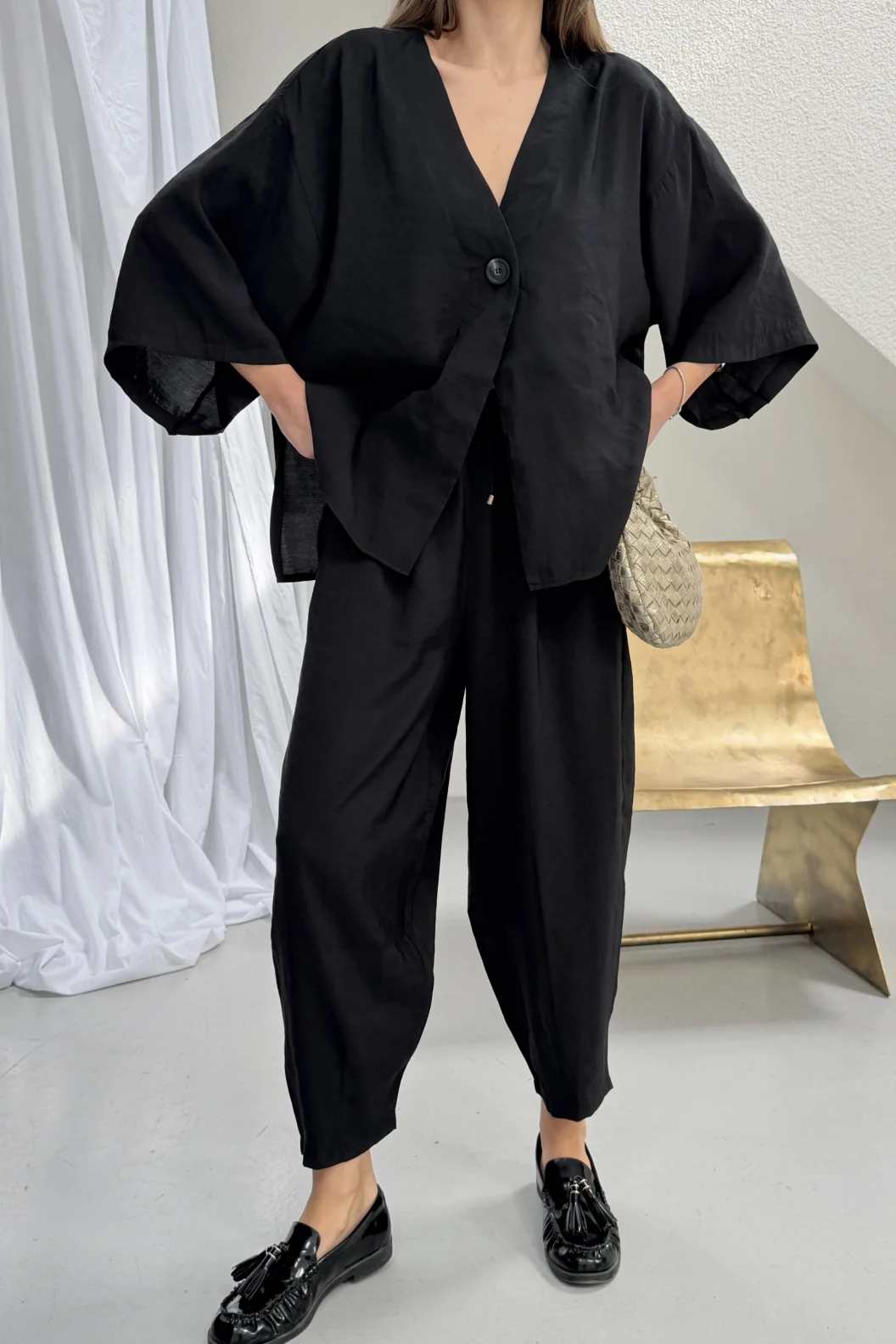 Siyah Modal Oversize Bluz Pantolon Takım