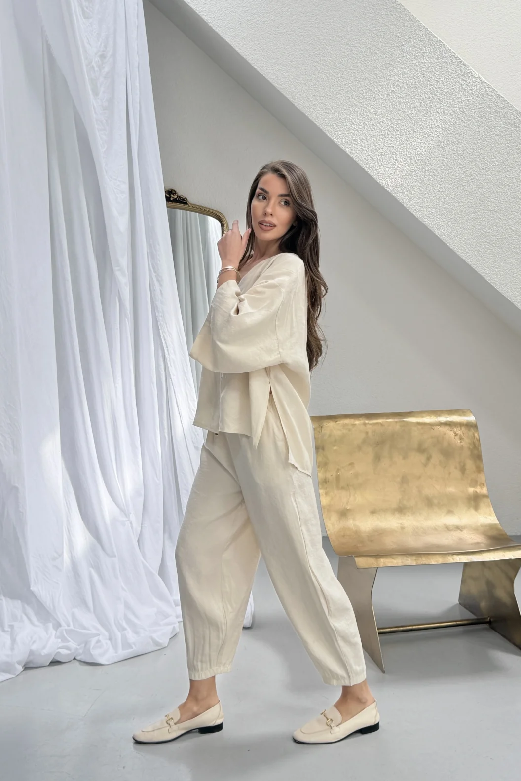 Bej Modal Oversize Bluz Pantolon Takım