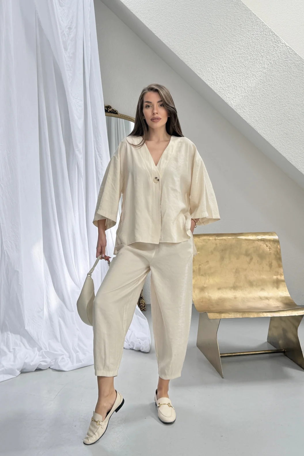 Bej Modal Oversize Bluz Pantolon Takım