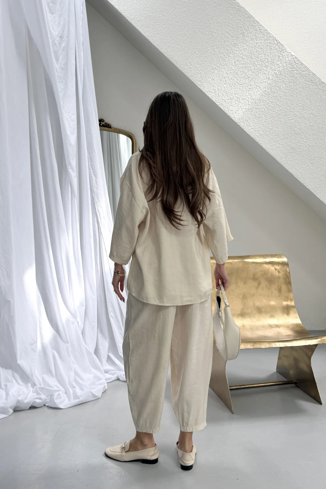 Bej Modal Oversize Bluz Pantolon Takım