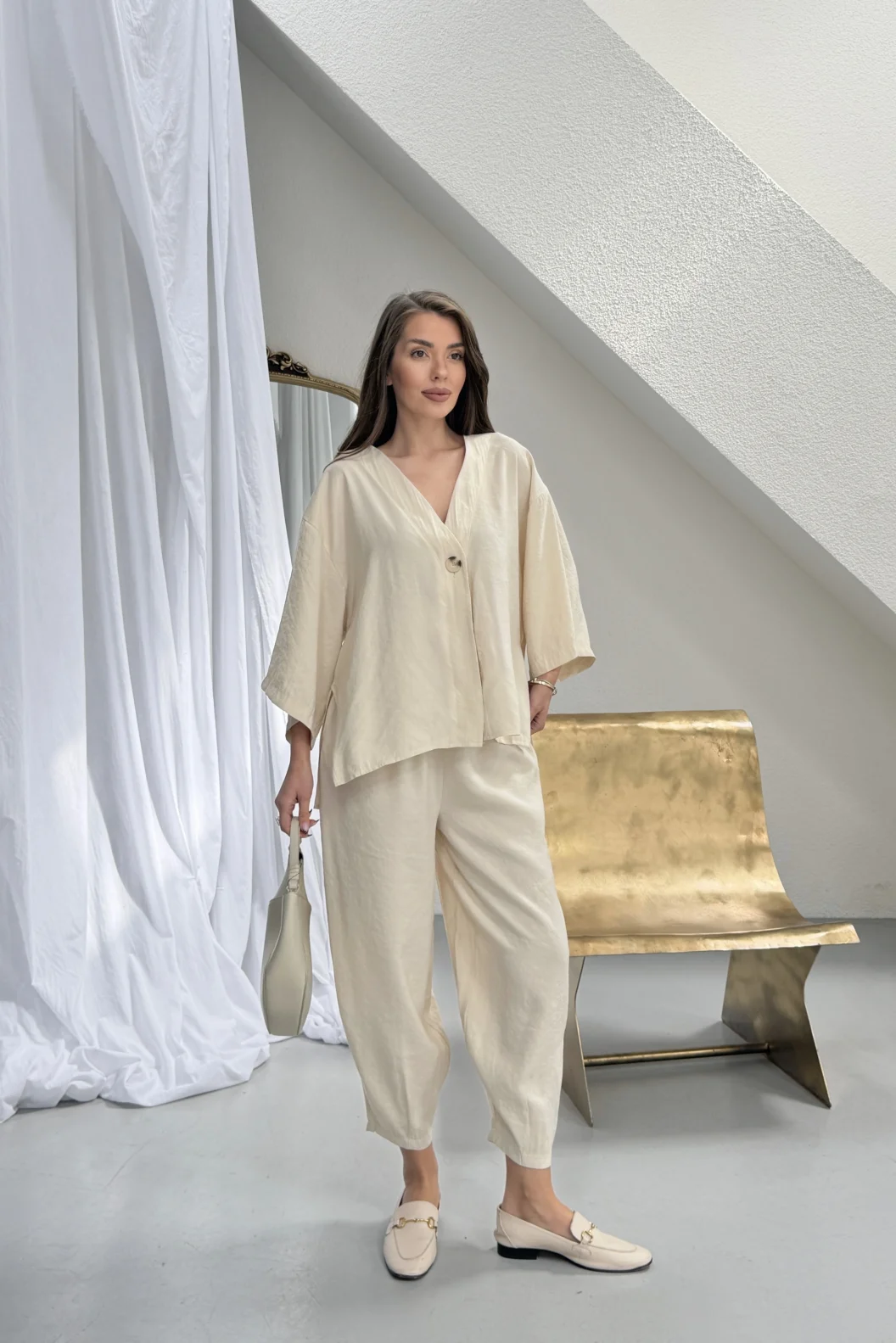 Bej Modal Oversize Bluz Pantolon Takım