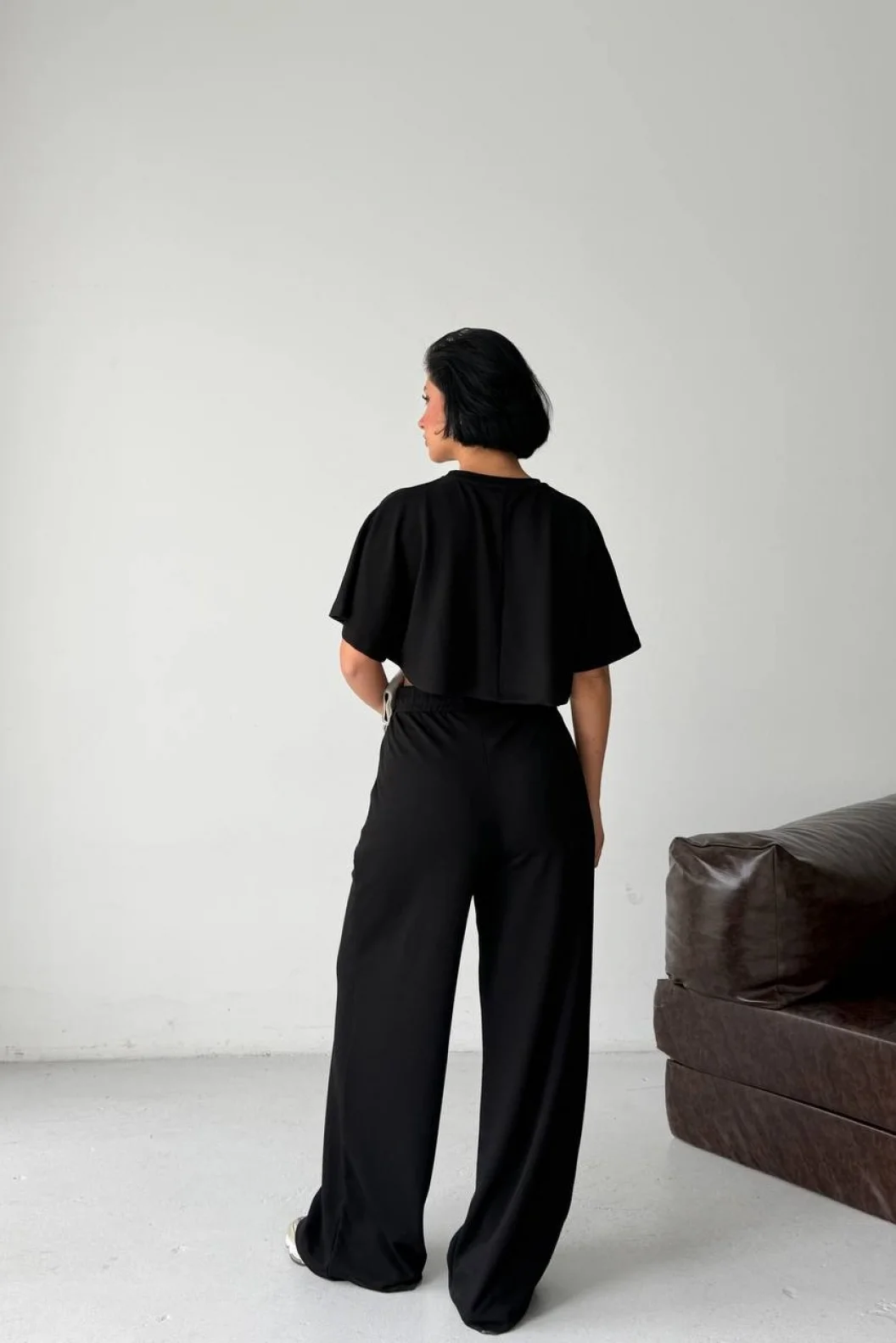 Siyah Crop Beli Lastikli Palazzo Eşofman İkili Modal Takım