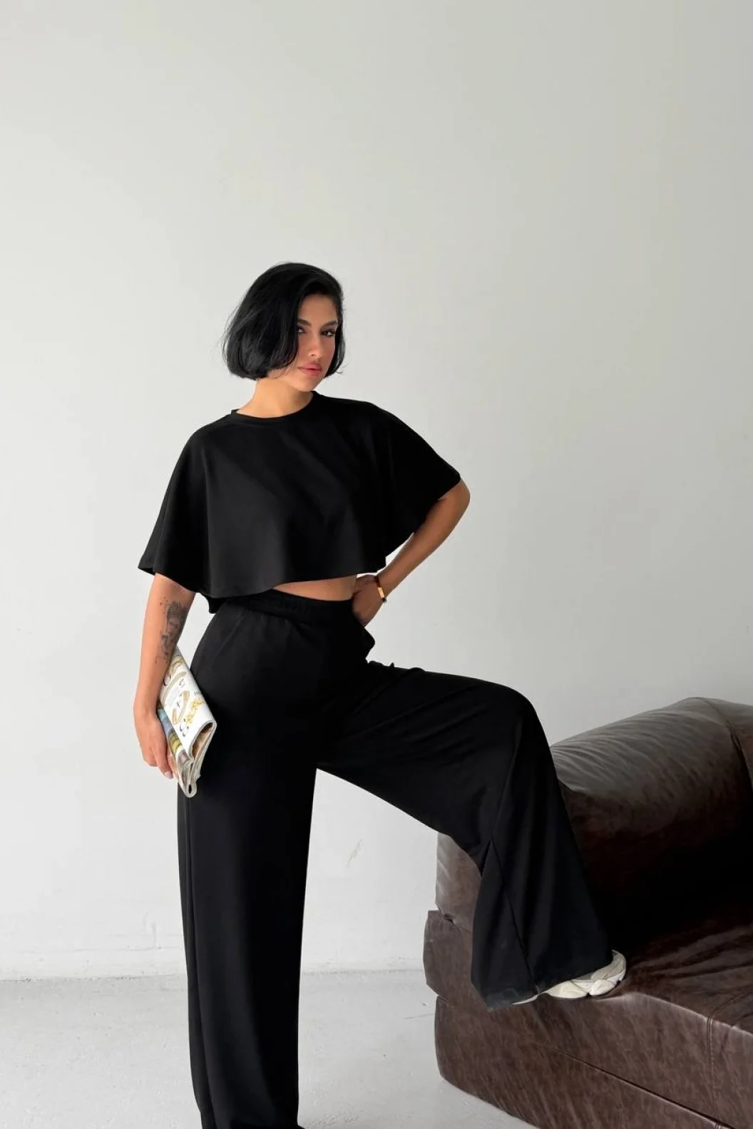 Siyah Crop Beli Lastikli Palazzo Eşofman İkili Modal Takım