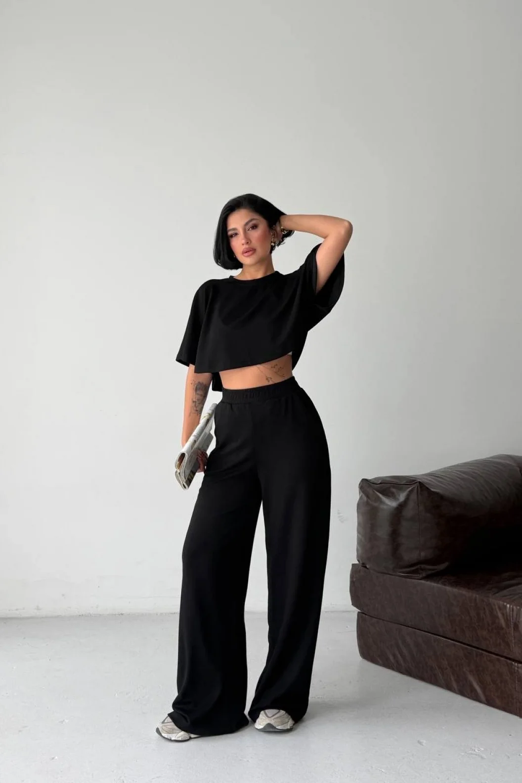 Siyah Crop Beli Lastikli Palazzo Eşofman İkili Modal Takım