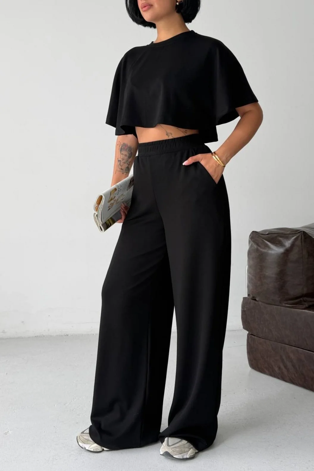 Siyah Crop Beli Lastikli Palazzo Eşofman İkili Modal Takım