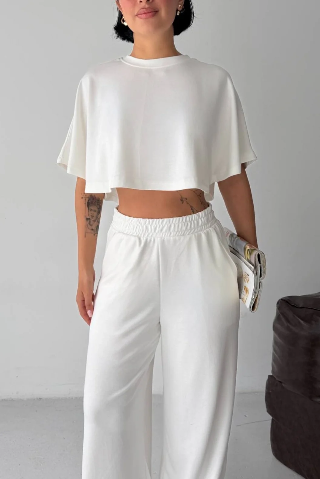 Beyaz Crop Beli Lastikli Palazzo Eşofman İkili Modal Takım