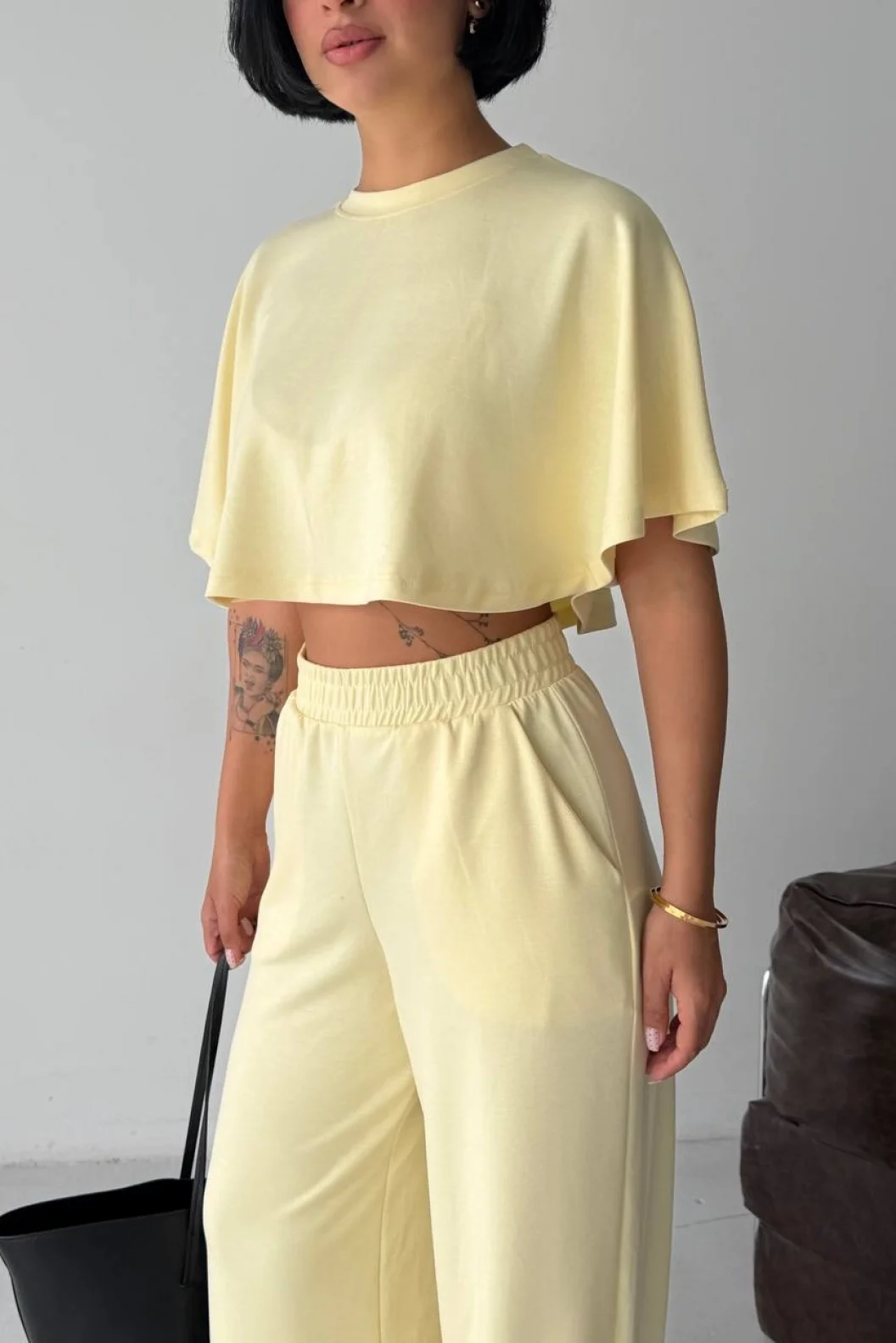 Sarı Crop Beli Lastikli Palazzo Eşofman İkili Modal Takım