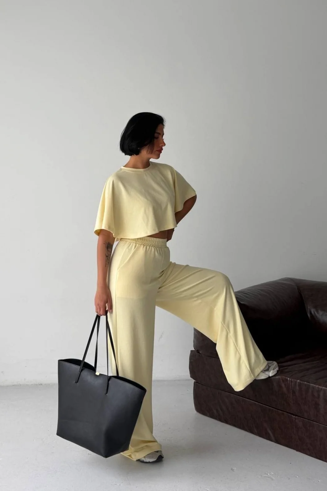 Sarı Crop Beli Lastikli Palazzo Eşofman İkili Modal Takım