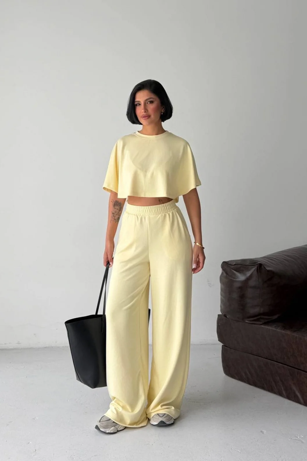 Sarı Crop Beli Lastikli Palazzo Eşofman İkili Modal Takım