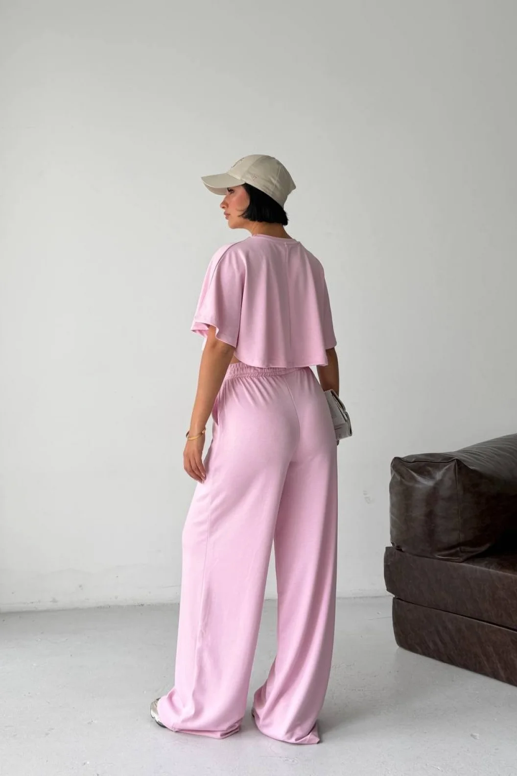 Pembe Crop Beli Lastikli Palazzo Eşofman İkili Modal Takım
