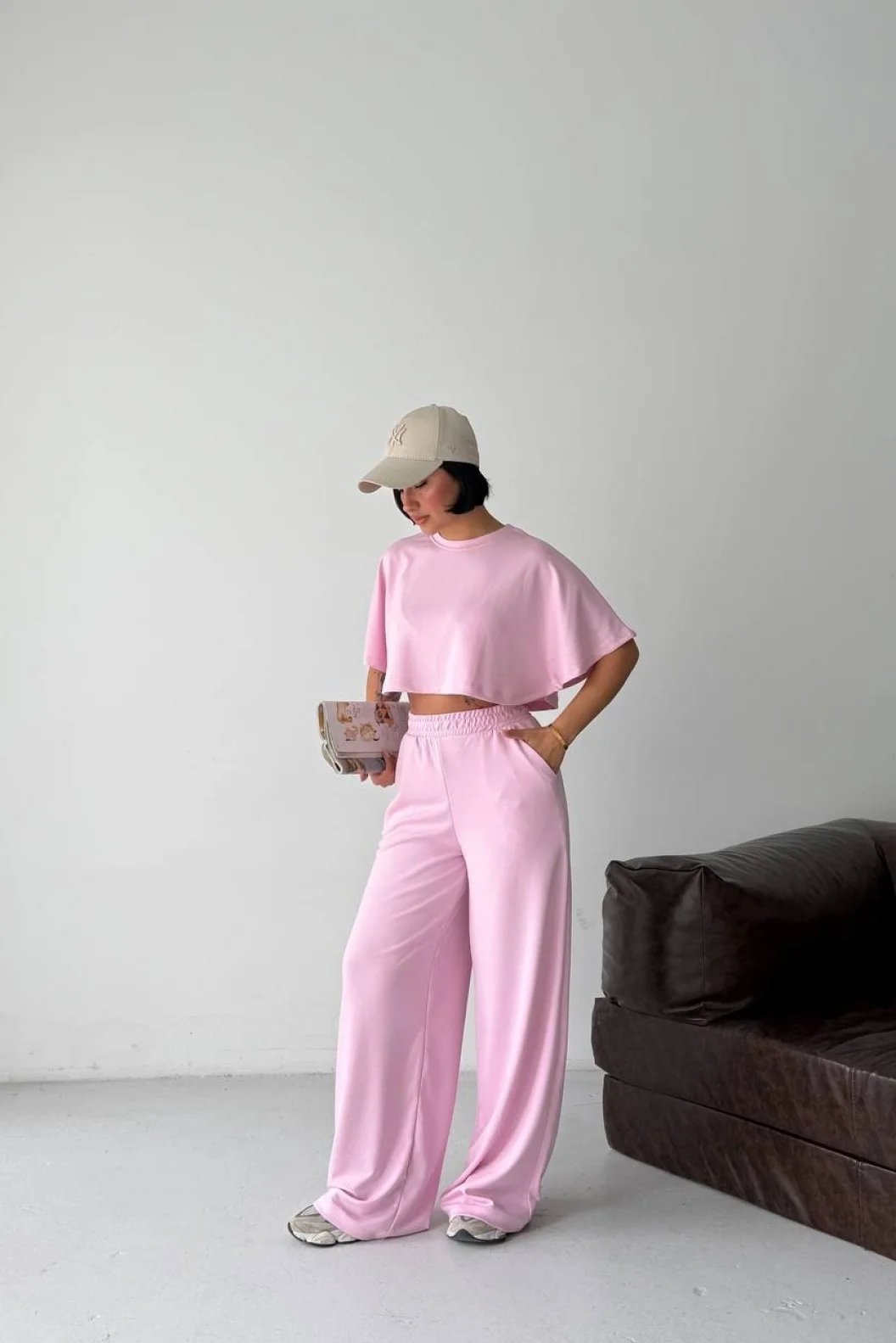 Pembe Crop Beli Lastikli Palazzo Eşofman İkili Modal Takım