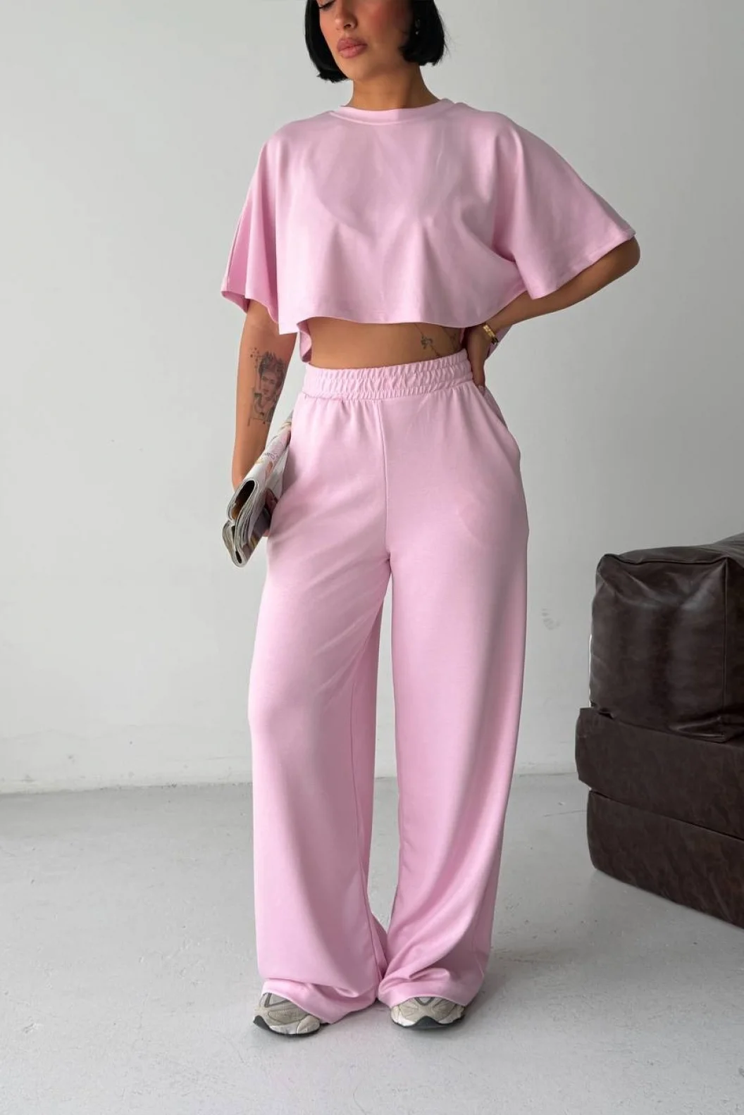 Pembe Crop Beli Lastikli Palazzo Eşofman İkili Modal Takım