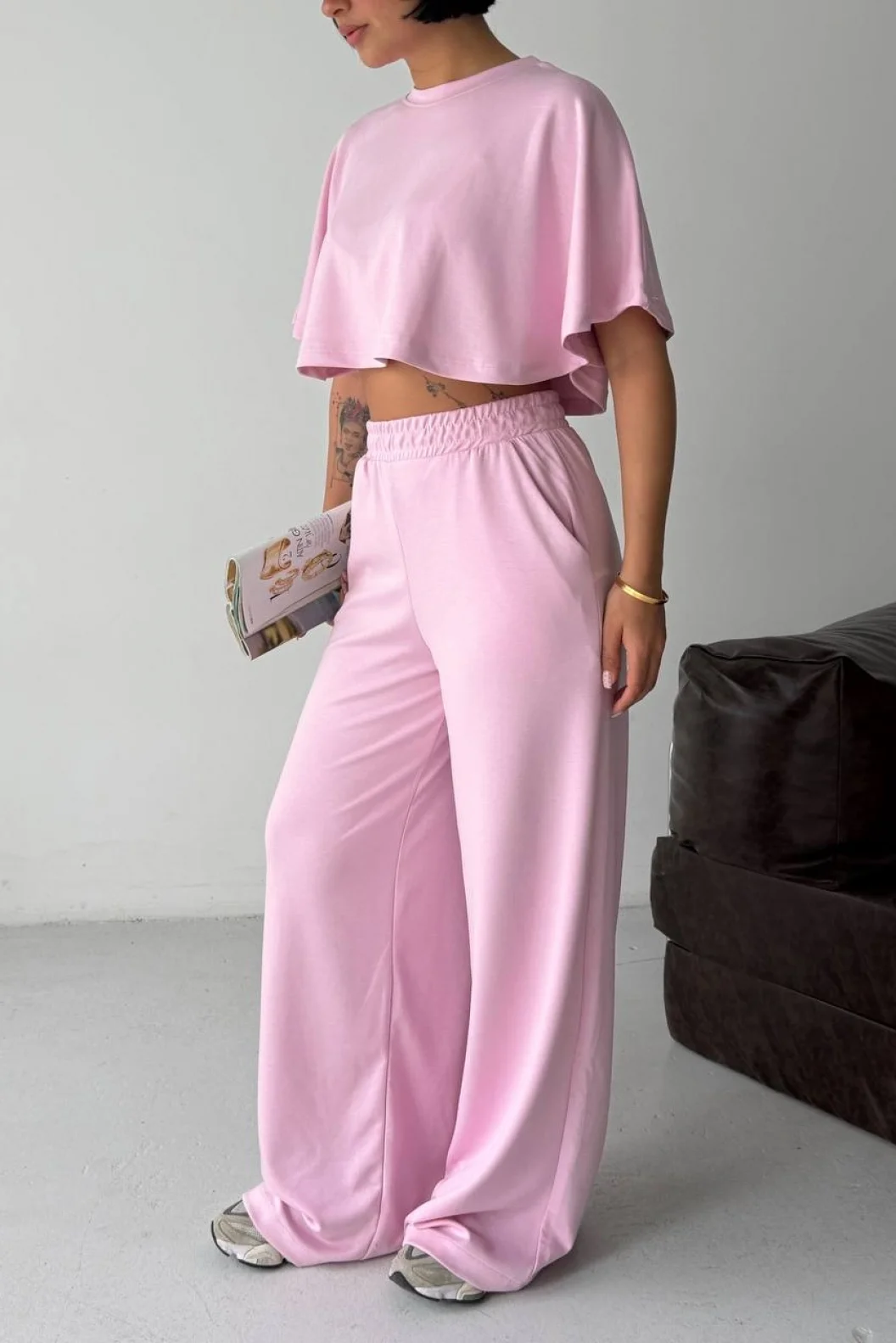 Pembe Crop Beli Lastikli Palazzo Eşofman İkili Modal Takım