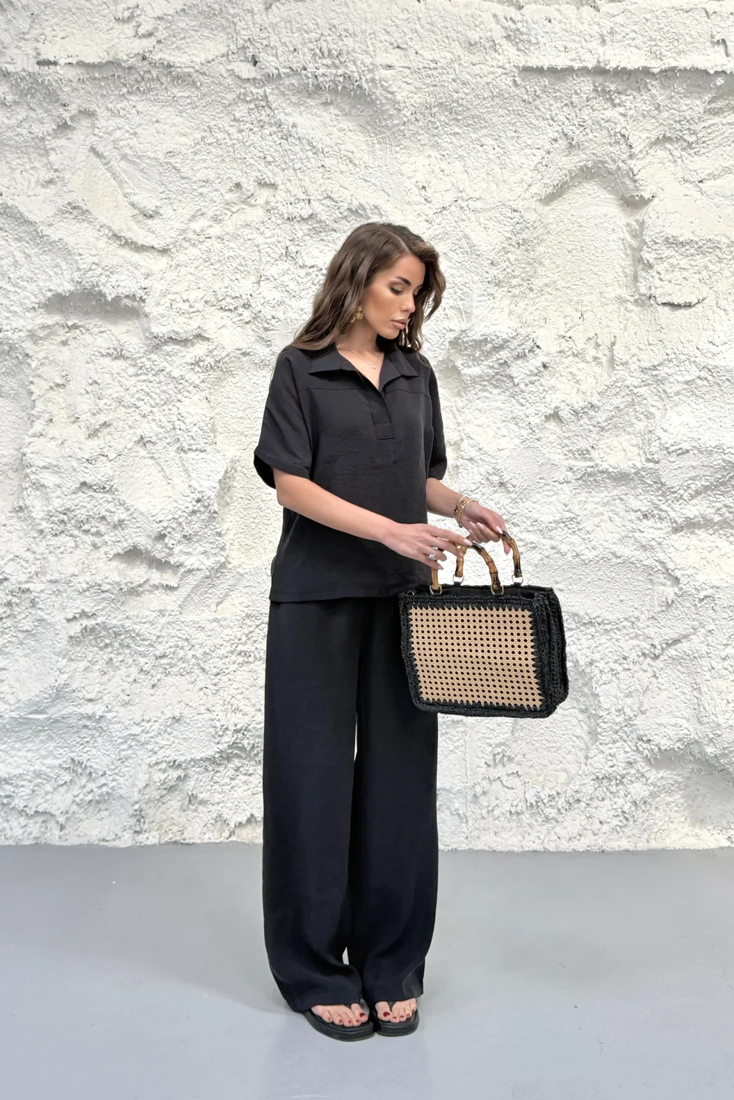 Siyah Yakalı Oversize Tencel Modal Takım