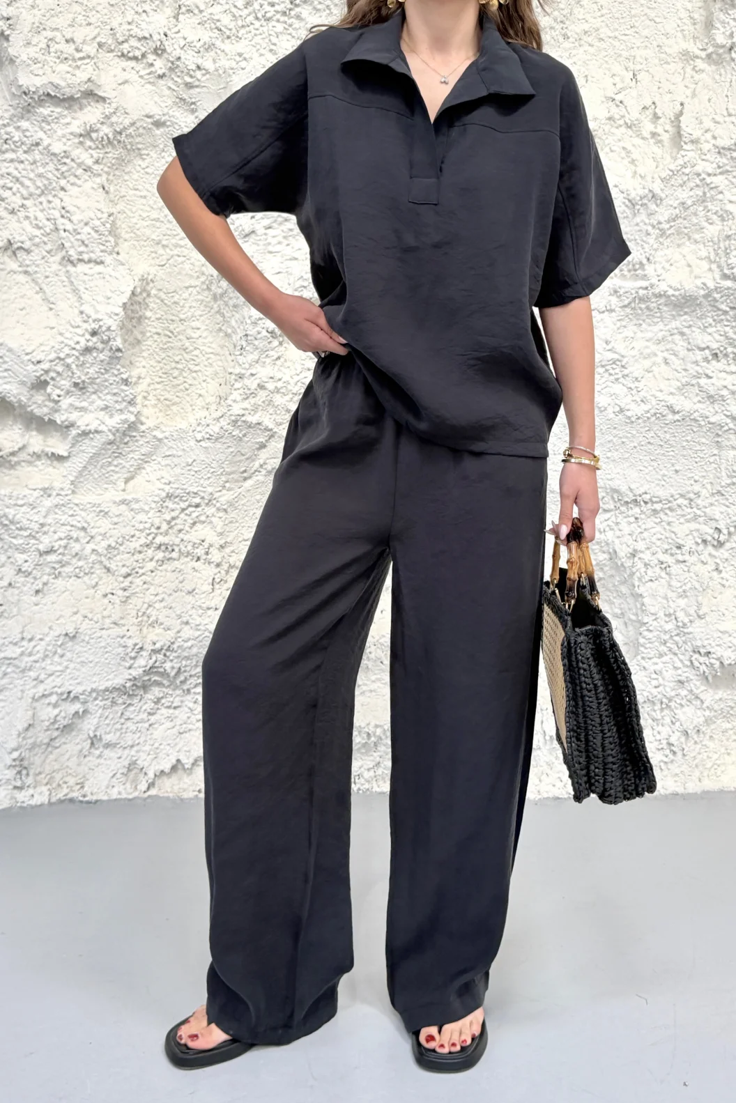 Siyah Yakalı Oversize Tencel Modal Takım