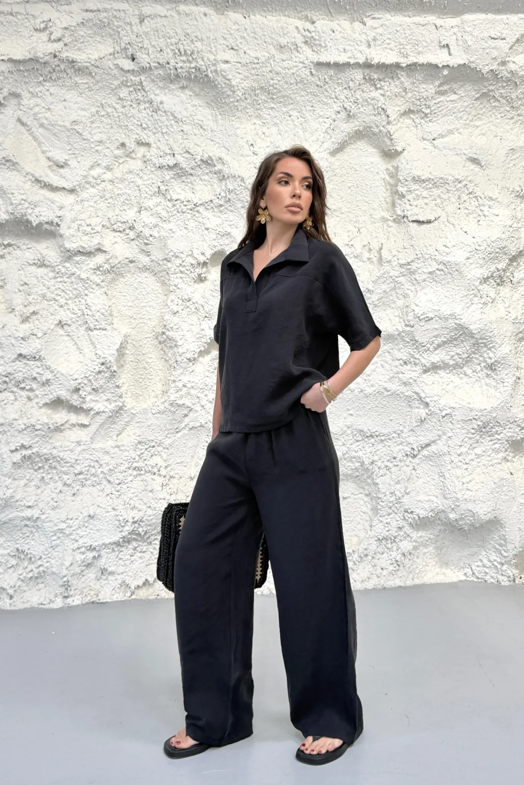 Siyah Yakalı Oversize Tencel Modal Takım