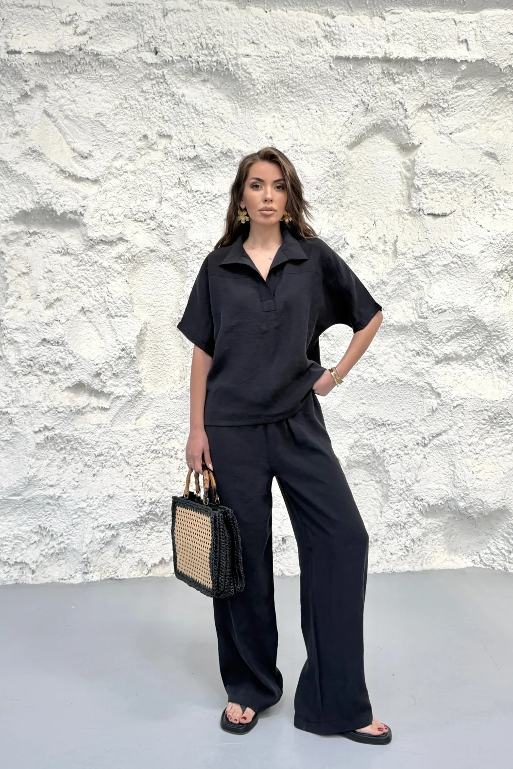 Siyah Yakalı Oversize Tencel Modal Takım