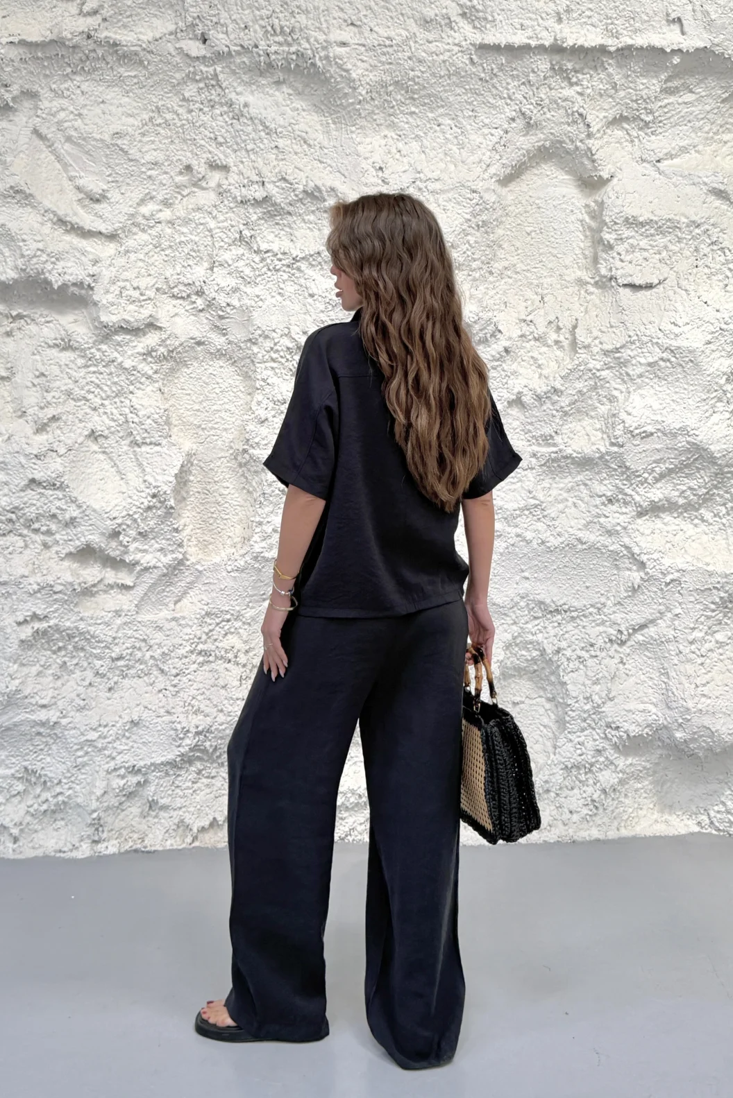 Siyah Yakalı Oversize Tencel Modal Takım