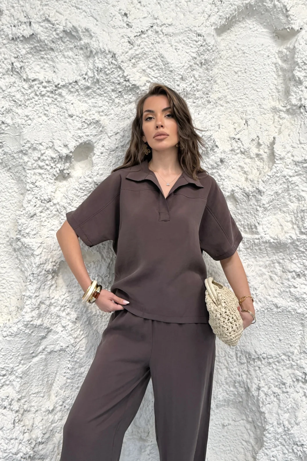 Kahverengi Yakalı Oversize Tencel Modal Takım