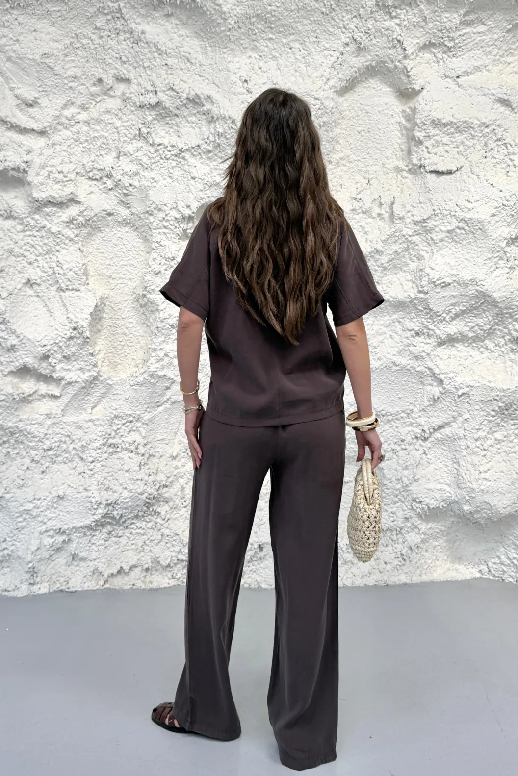 Kahverengi Yakalı Oversize Tencel Modal Takım