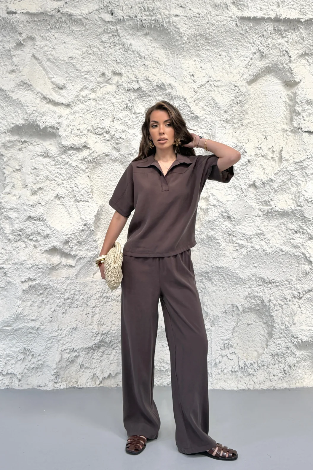 Kahverengi Yakalı Oversize Tencel Modal Takım