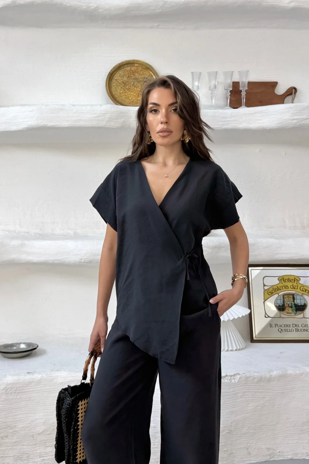 Siyah Bağlamalı Oversize Tencel Modal Takım