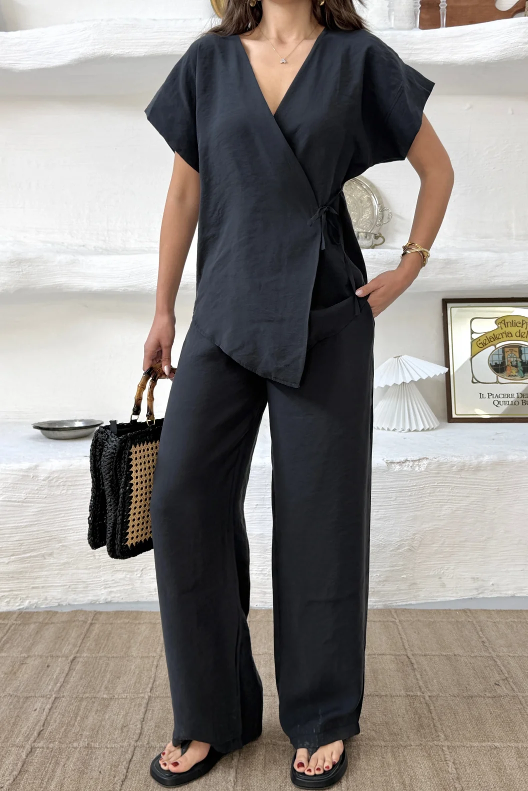 Siyah Bağlamalı Oversize Tencel Modal Takım
